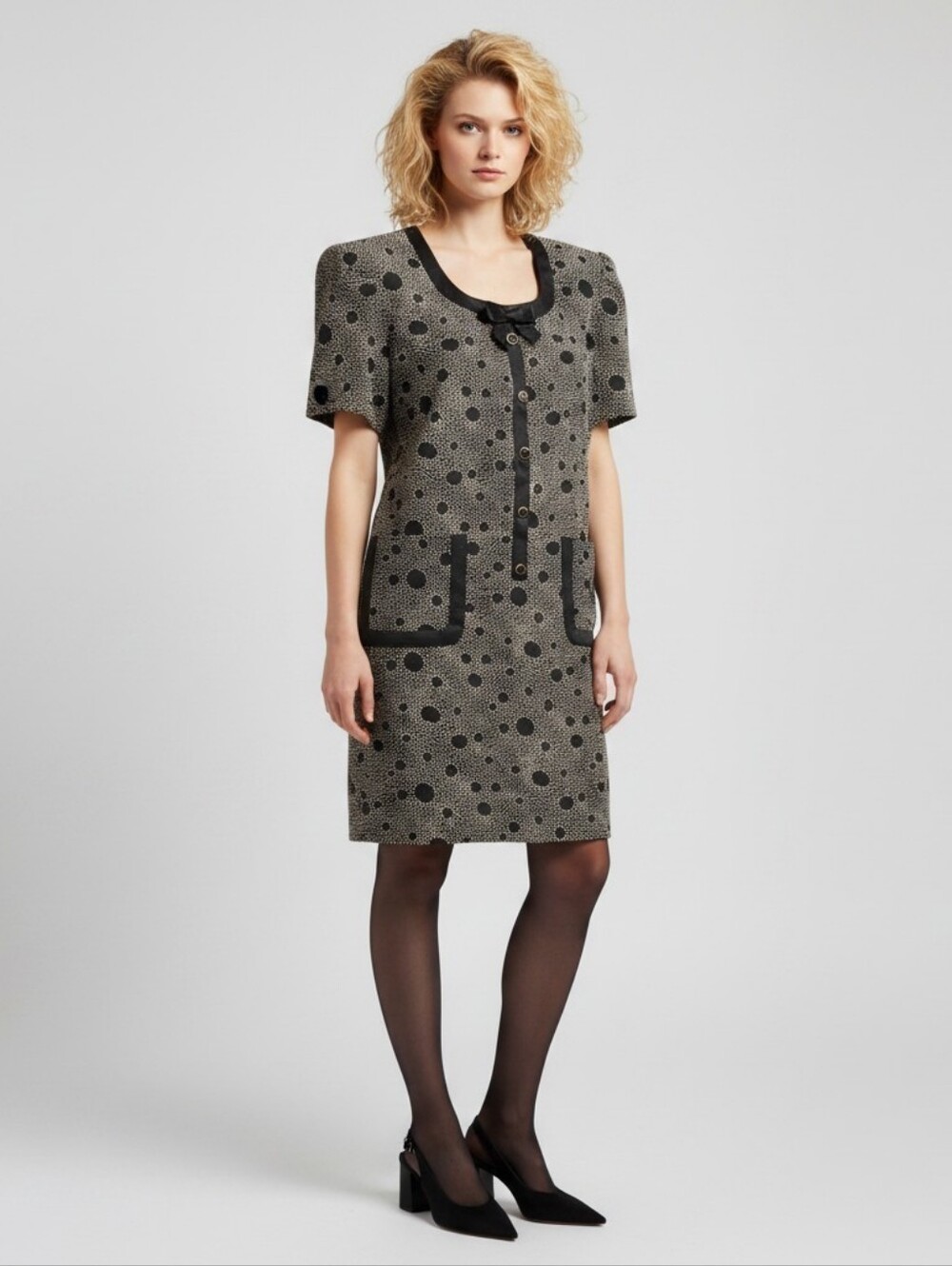 Vintage 90s Terijon Polka Dot Button Bow Knee Length Dress Women's Size 12